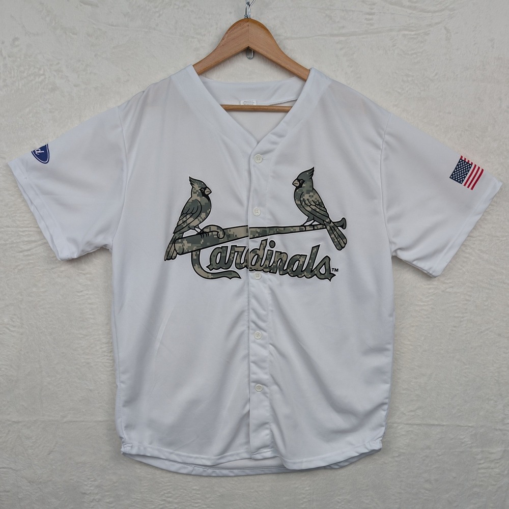 St. Louis Cardinals Jersey Men's XL White Camo Button Up Ford Sponsor US Flag